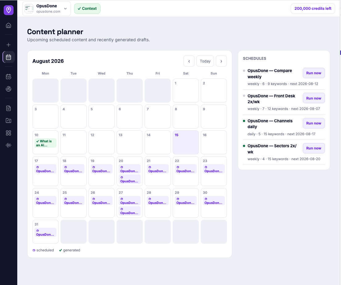 The ActiveGeo content planner — a month of scheduled content at a glance