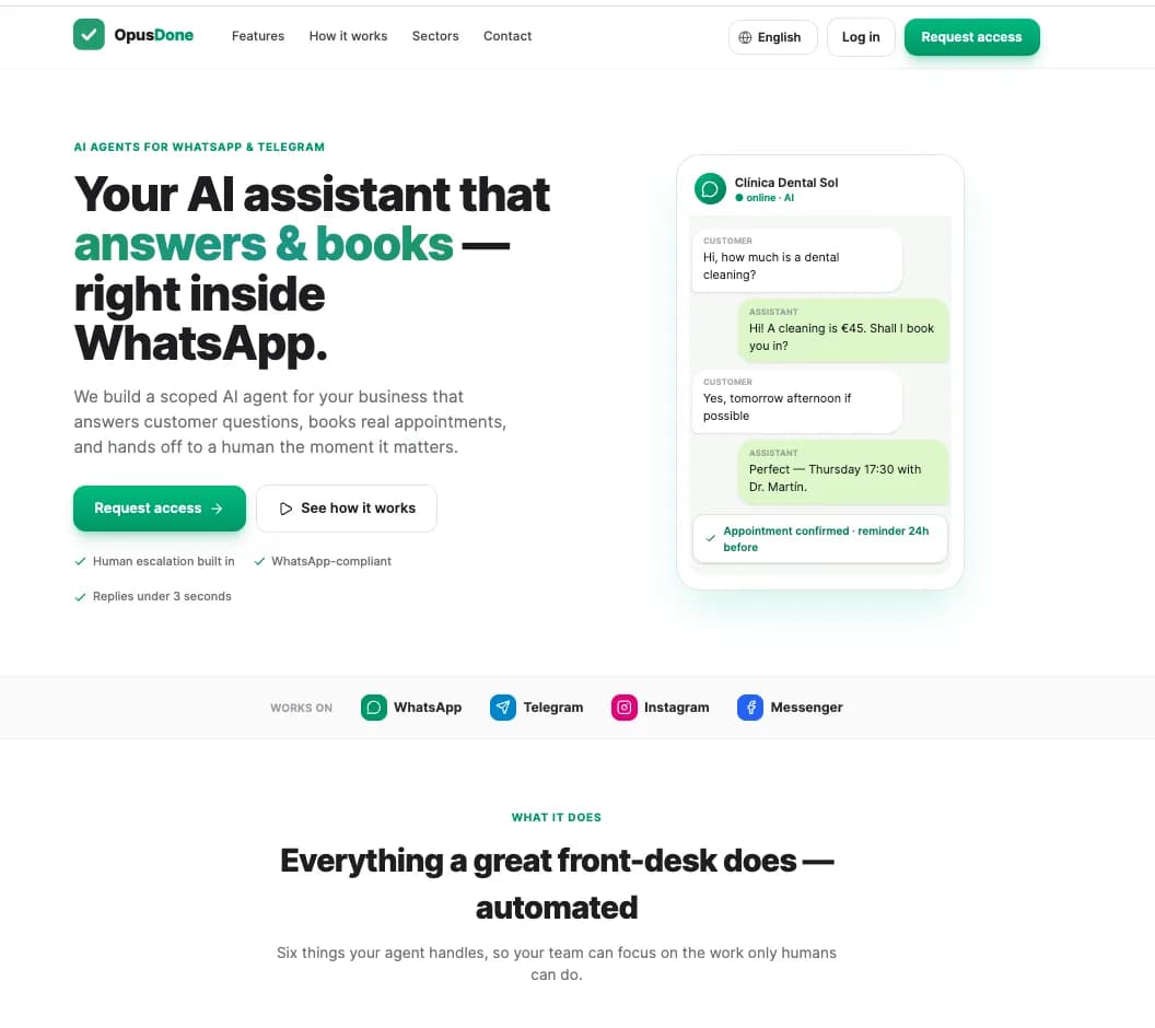 OpusDone chat — an AI assistant answering a customer and booking a dental appointment on WhatsApp