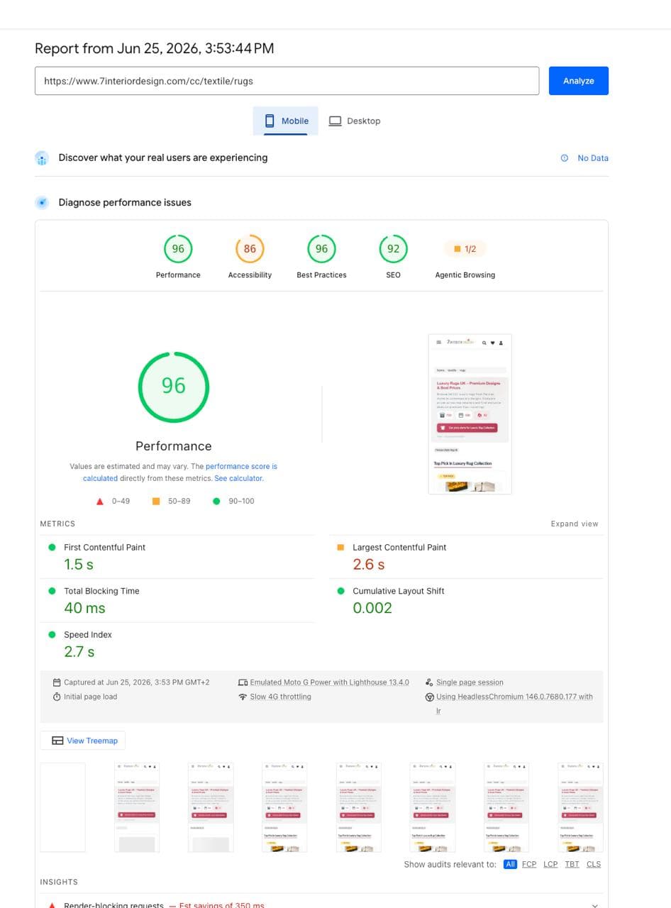 PageSpeed Insights report showing a 96 performance score and green Core Web Vitals